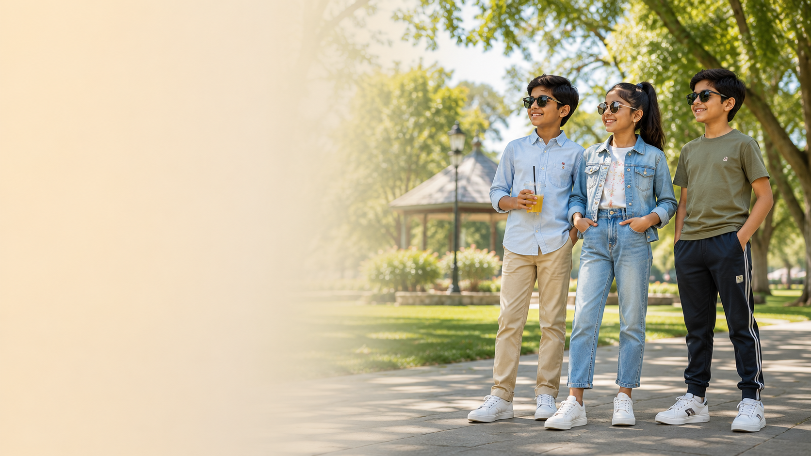 Three children in casual shirts, denim and a track set standing together in a sunlit park