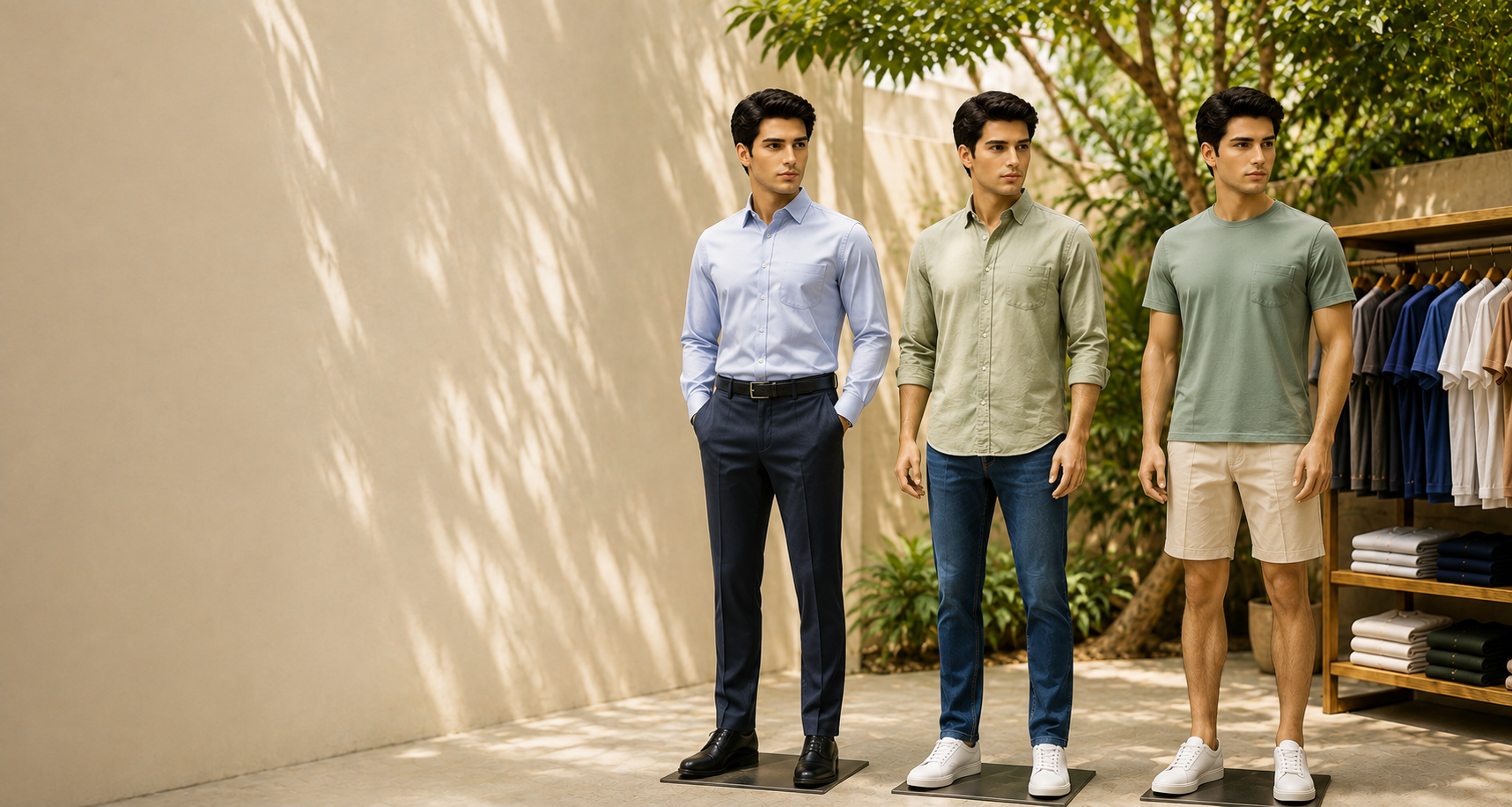 Three mannequins in a formal shirt, a casual shirt with jeans and a tee with shorts, beside a rack of folded shirts