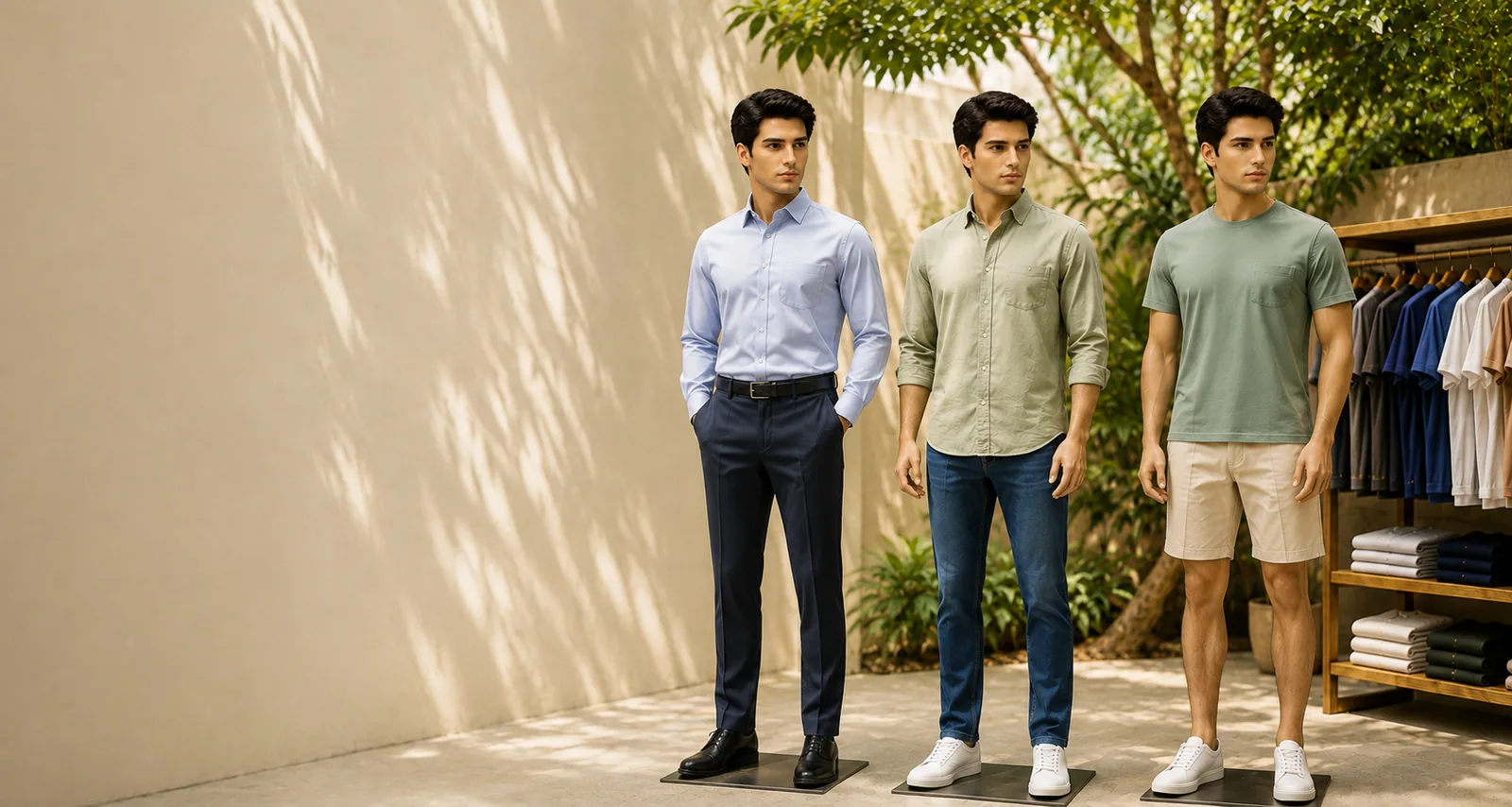 Mannequins in a formal shirt, a casual shirt and a tee beside a rack of folded shirts in the Cotton India showroom