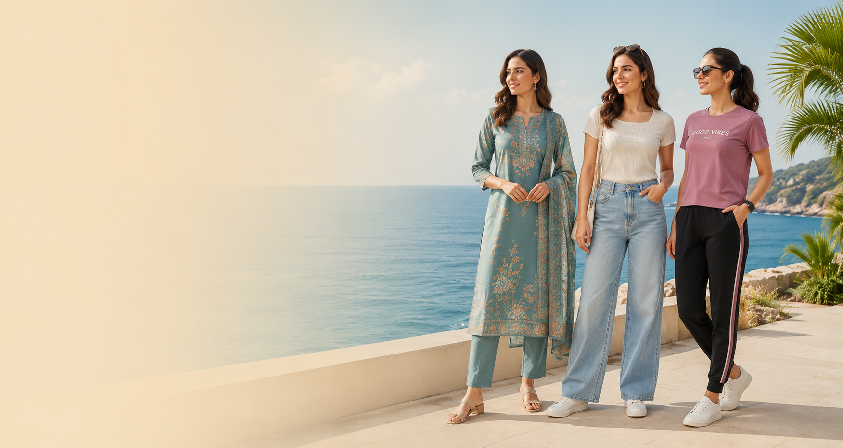 Three women in an embroidered kurta set, jeans and a printed tee on a sunlit seafront terrace