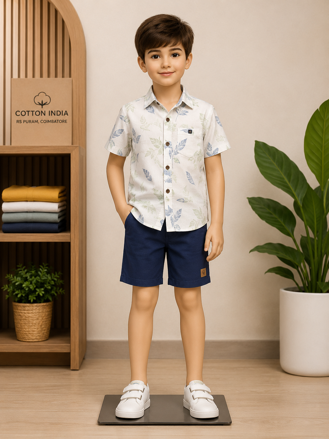 A boy in a leaf-print cotton shirt and navy shorts beside the folded tees shelf