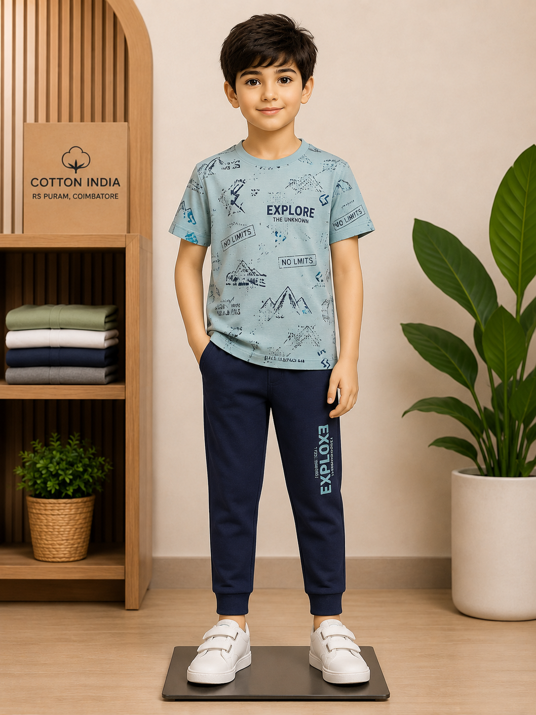 A boy in a printed cotton t-shirt and navy joggers in front of the kids' casual shelves