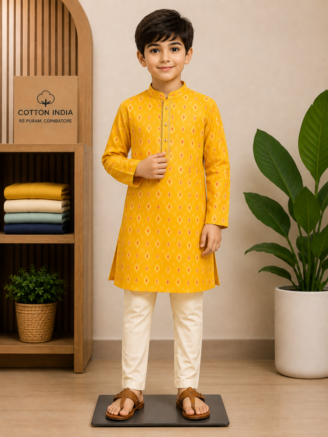 A boy in a yellow ikat-print kurta with cream pyjama beside the ethnic wear shelves