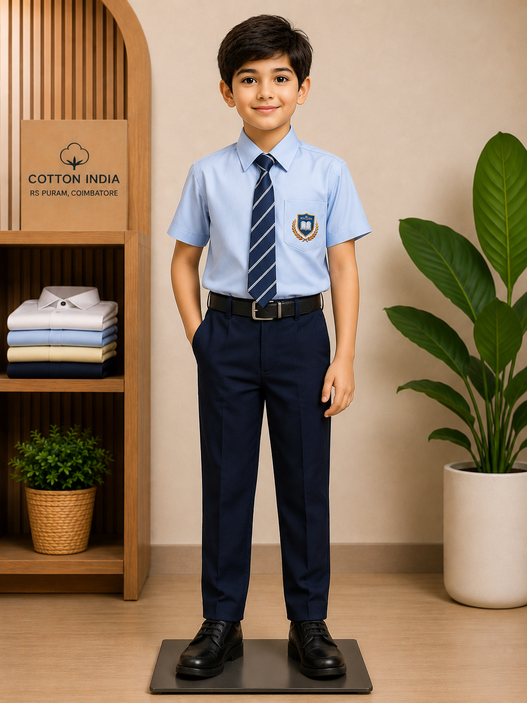 A boy in a full school uniform — blue shirt, striped tie, belt and navy trousers