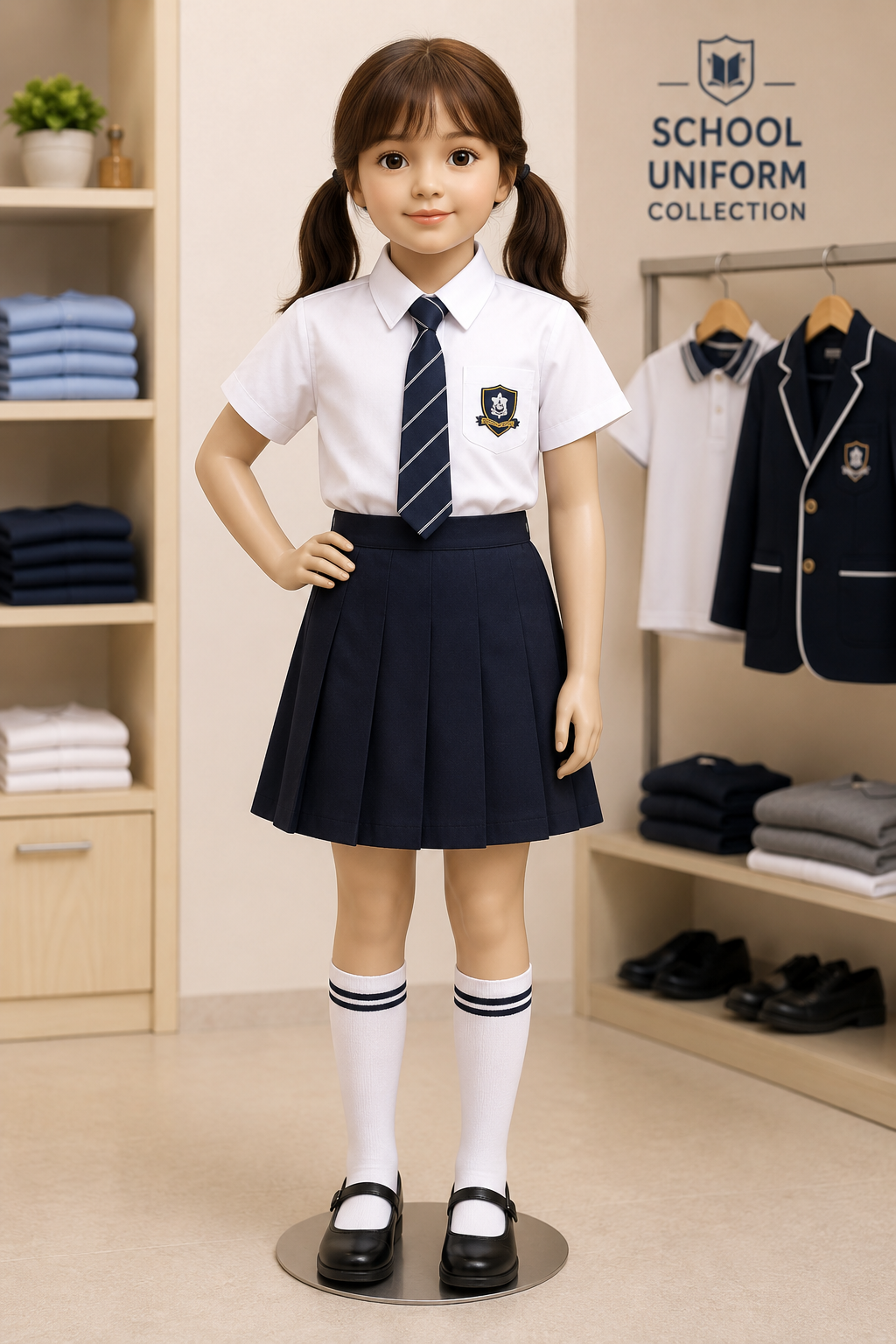 A girl in a crisp white school shirt, tie and navy pleated skirt beside the uniform racks