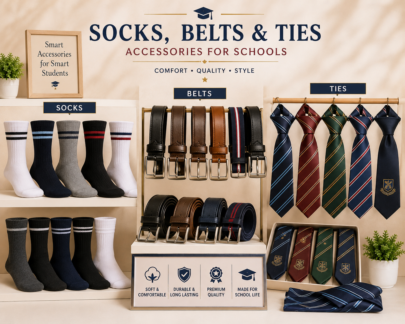 School socks, leather belts and striped ties arranged across a display stand