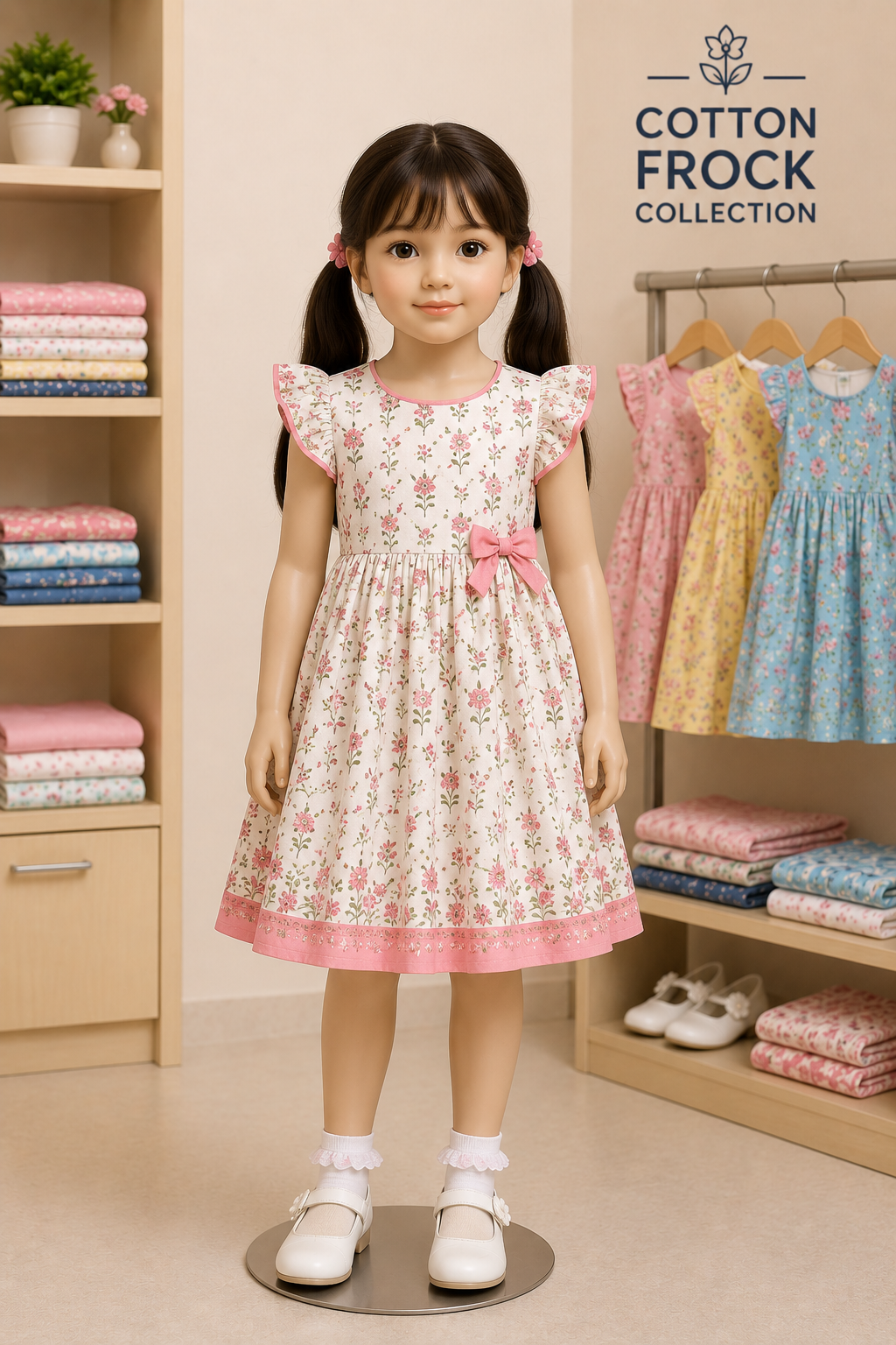 A girl in a floral-print cotton frock in front of the frock rack