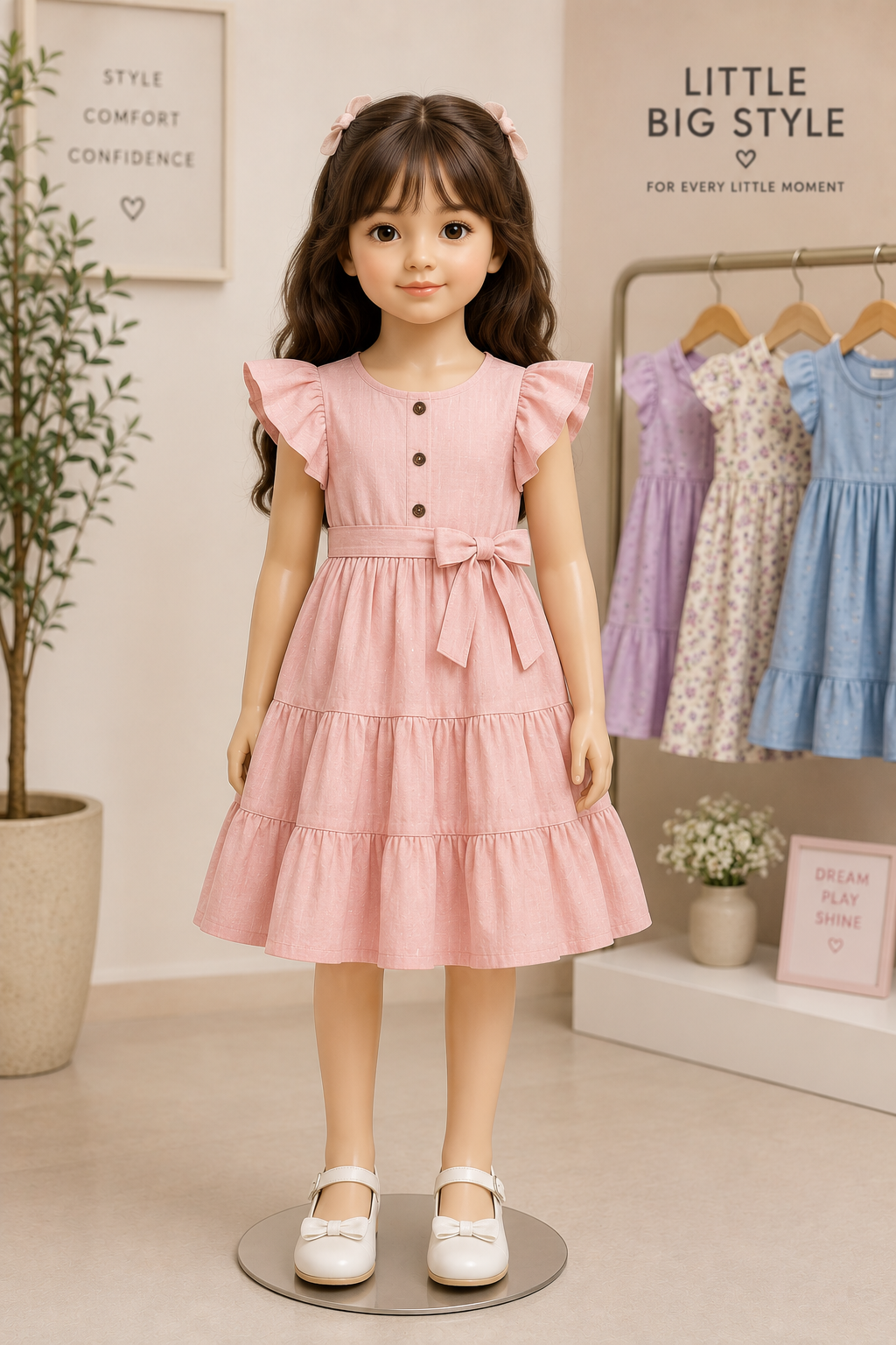 A girl in a tiered pink cotton dress with a tie waist beside the everyday dresses rail