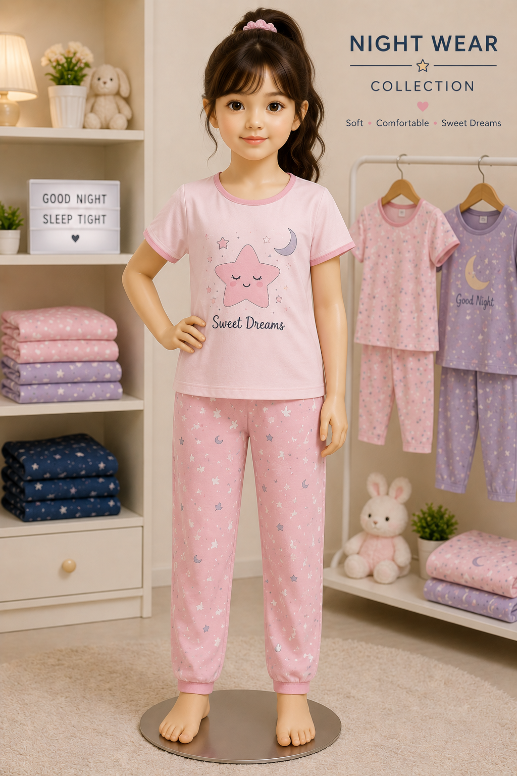 A girl in a soft cotton night set — printed top and star-print pyjama — beside the nightwear shelves