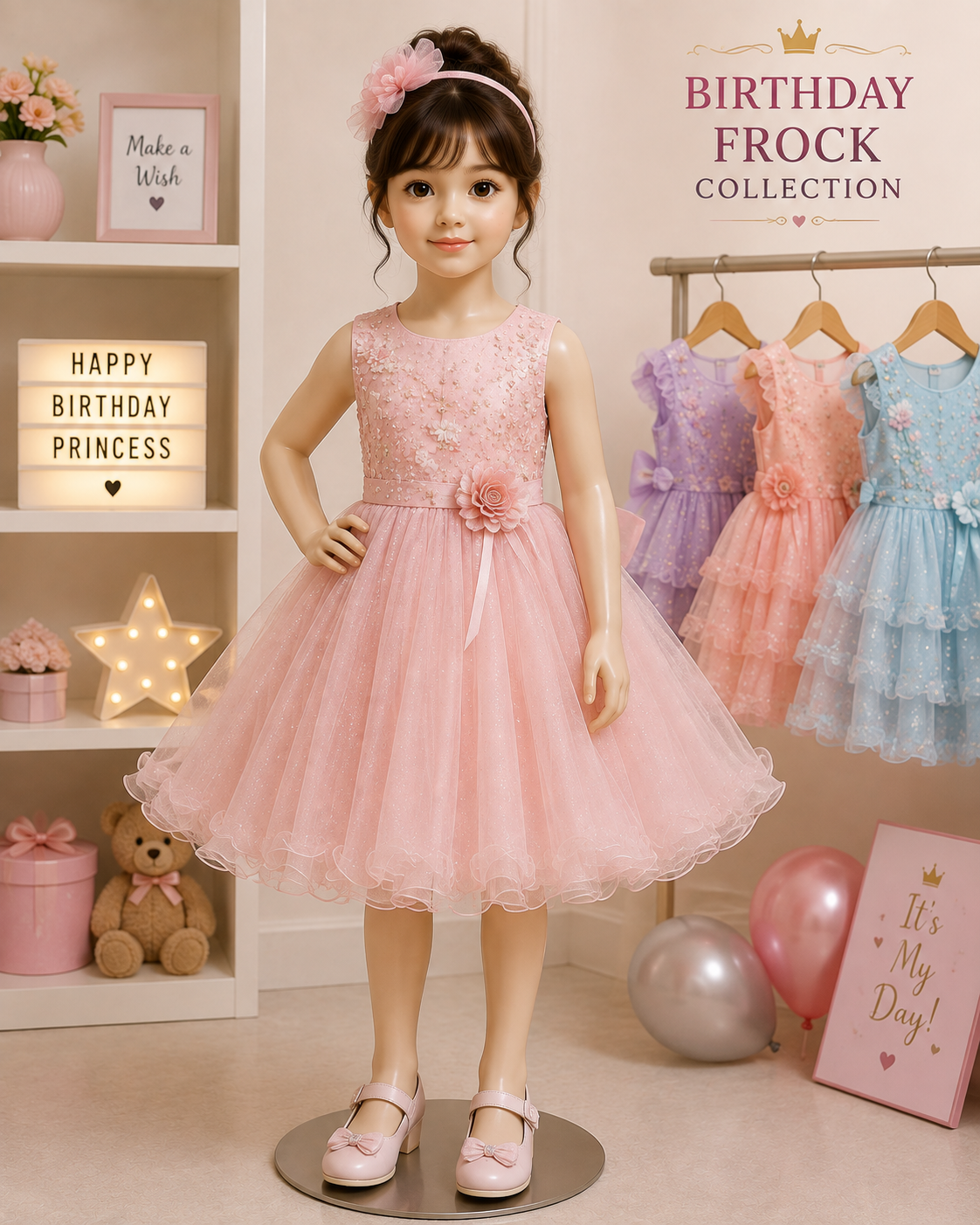 A girl in a layered pink net birthday frock in front of the party frock rack