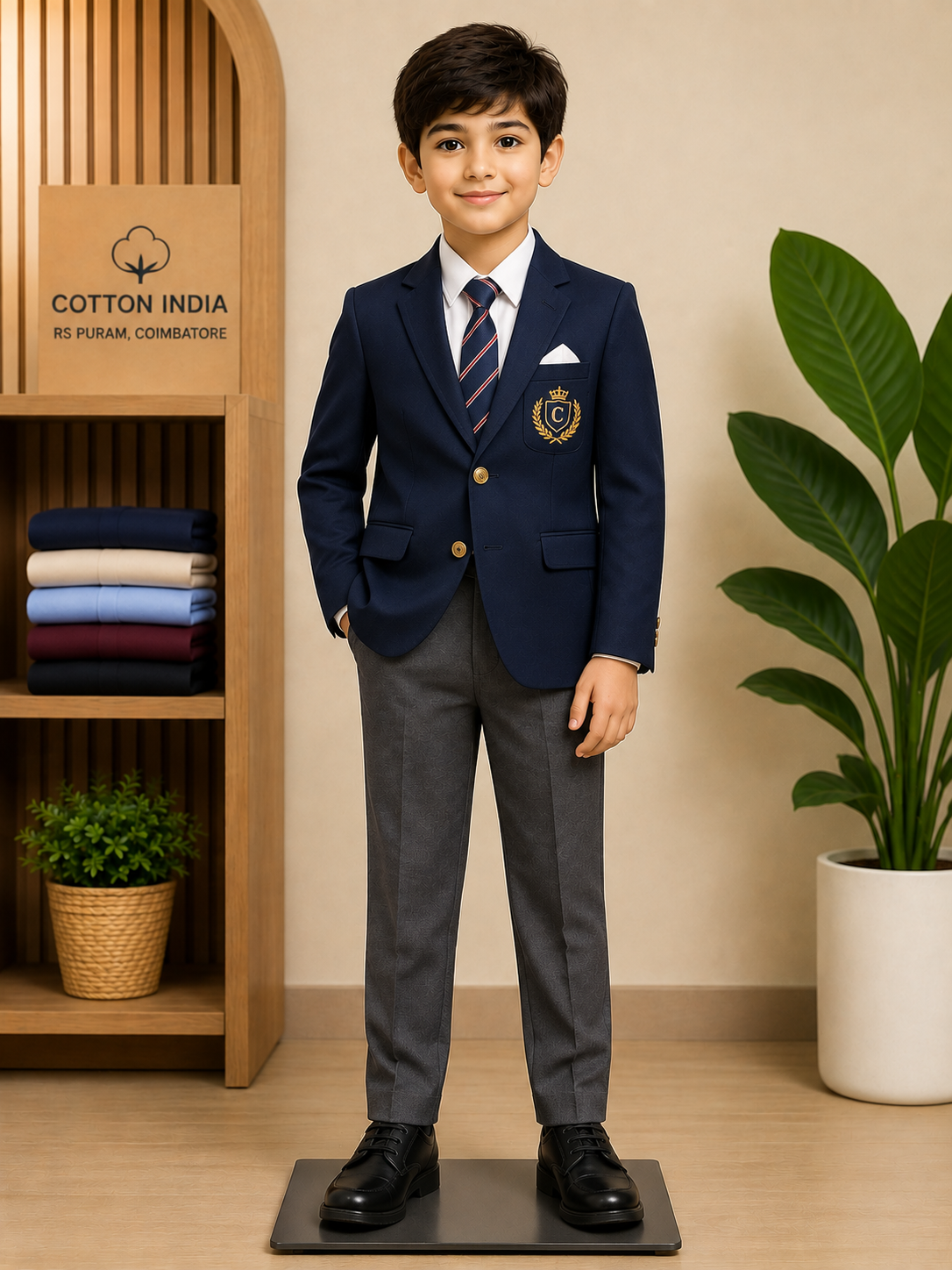 A boy in a navy blazer, white shirt, striped tie and grey trousers beside the suiting shelves