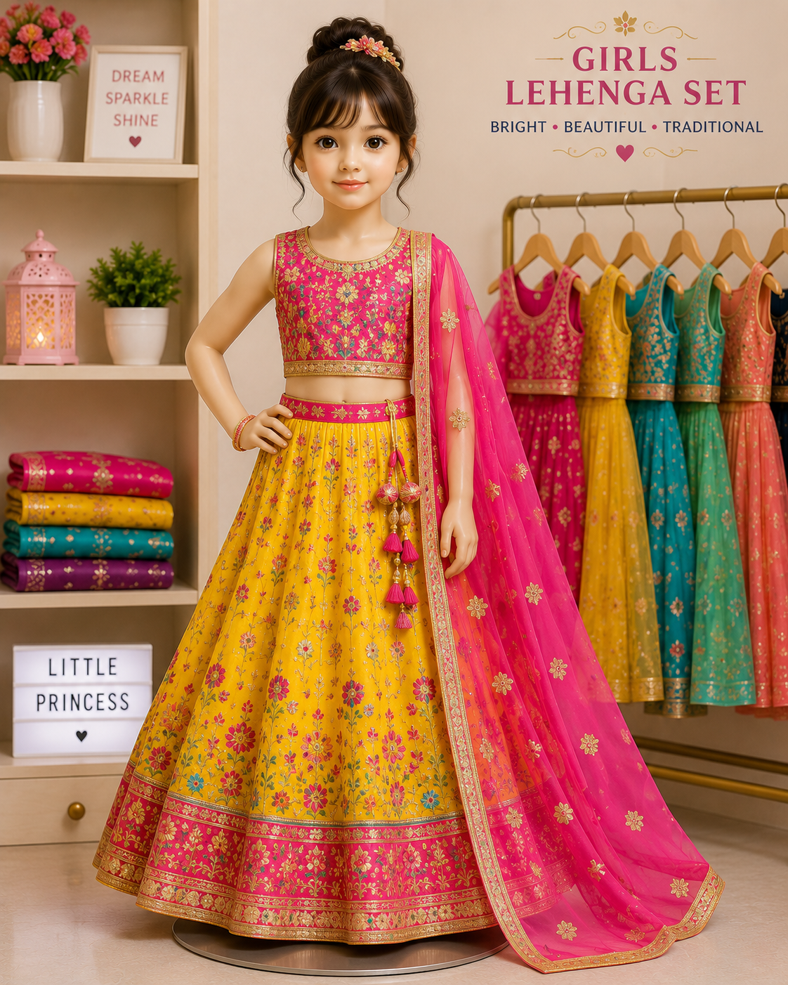 A girl in a pink and yellow embroidered lehenga set with a net dupatta beside the lehenga rail