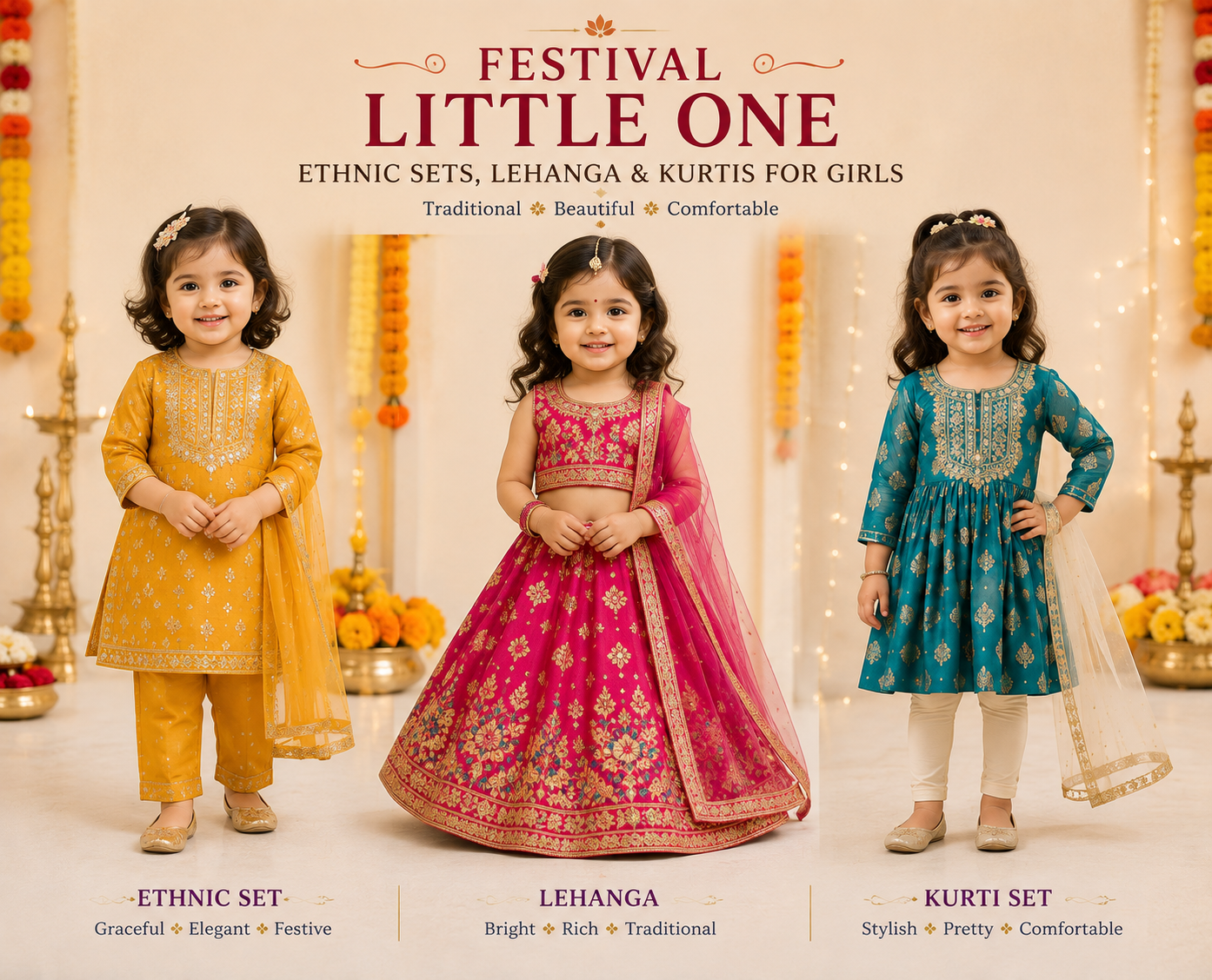 Three girls in a mustard ethnic set, a pink lehenga and a teal kurti set styled together for a festival