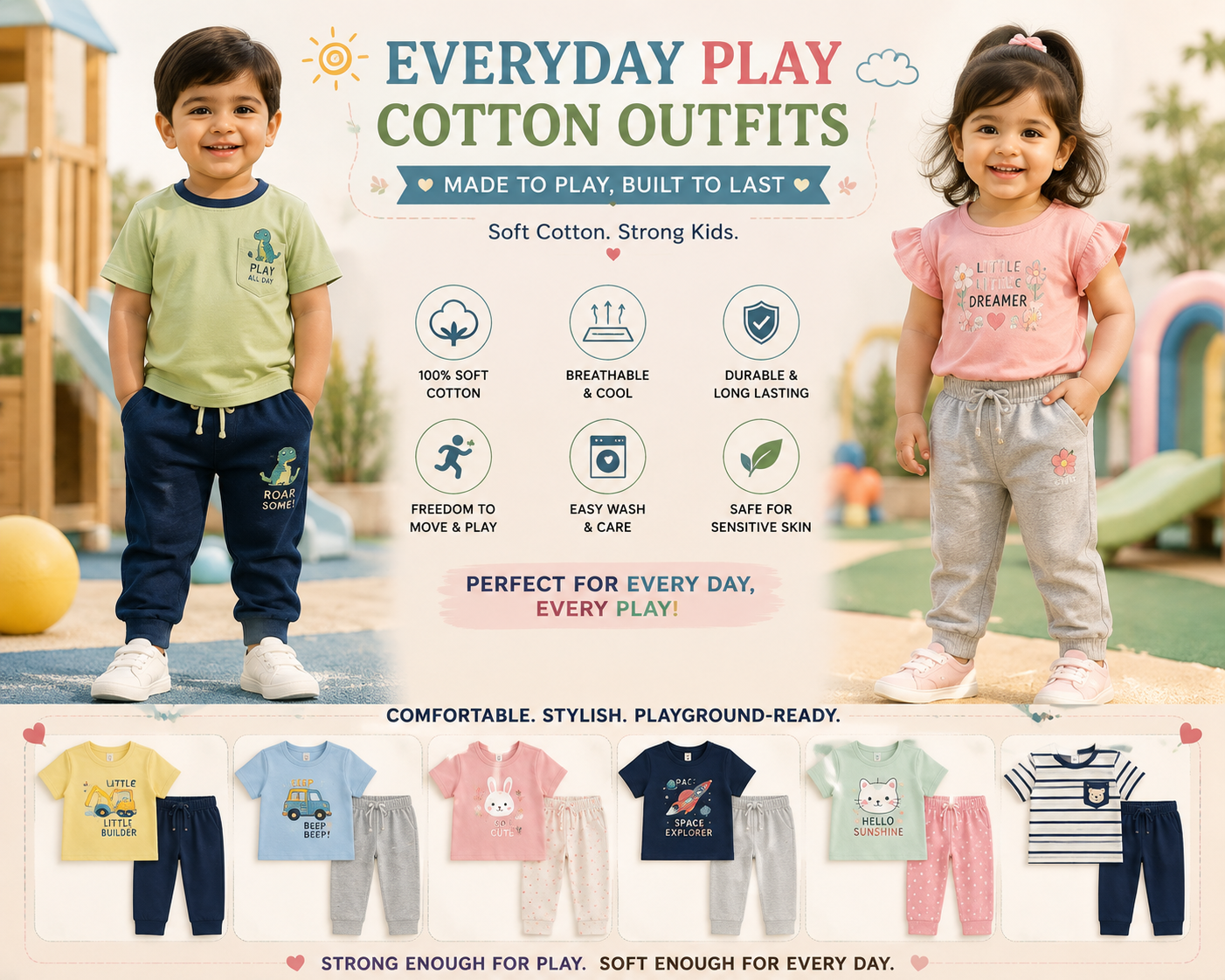 A boy in everyday play clothes — printed cotton shirt and navy shorts — in the kids section