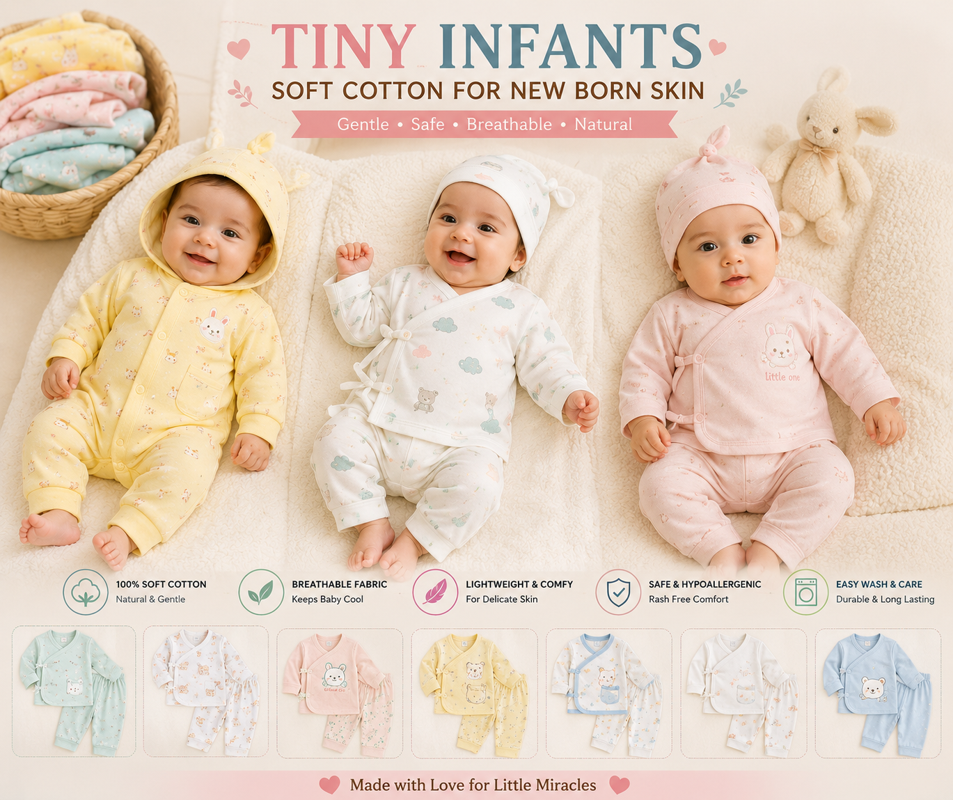 Three infants in soft cotton newborn sets with matching caps, with more sets laid out below