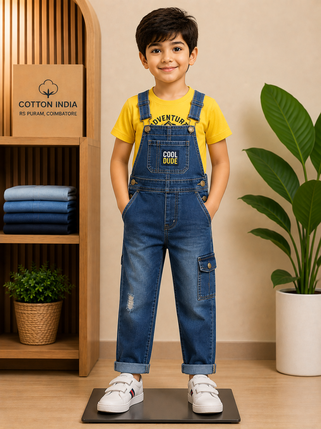 A boy in a denim dungaree over a yellow t-shirt beside the folded denim shelf