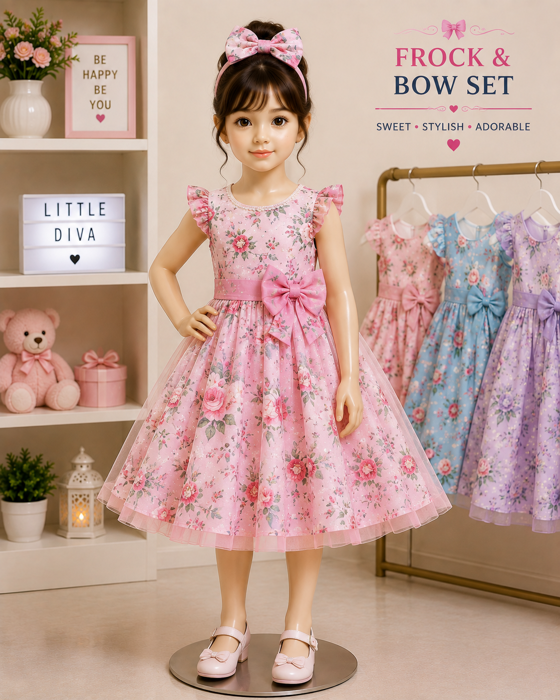 A girl in a pink floral party frock with a matching bow headband in front of the frock rail
