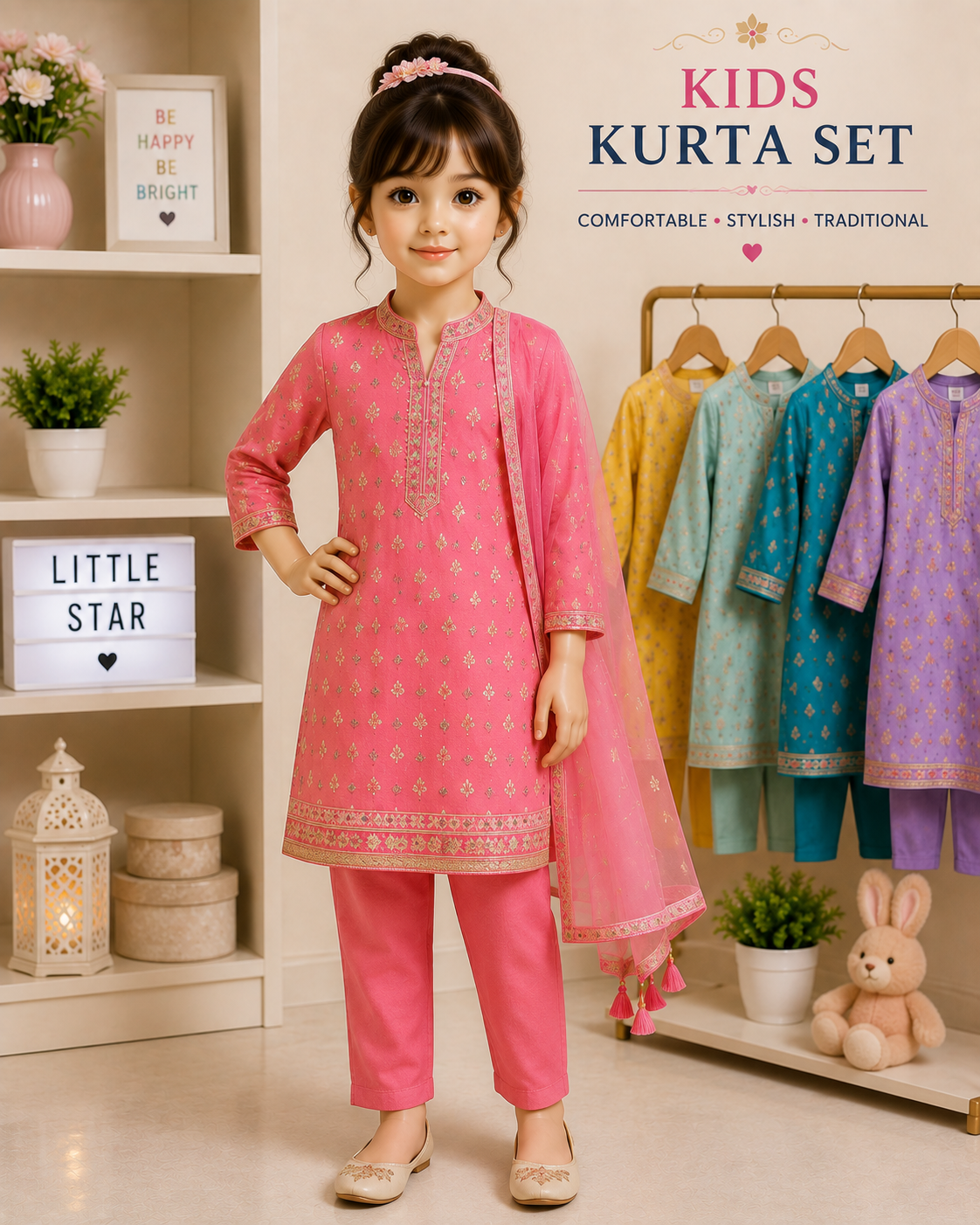 A girl in a pink kurta set with a net dupatta beside a rail of kurta sets in other colours