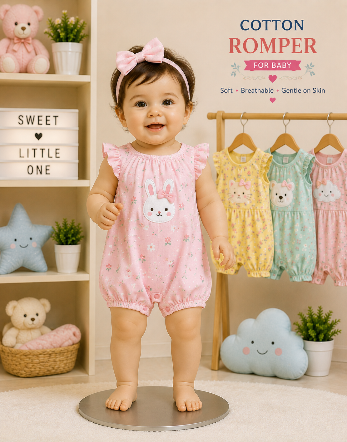 A baby in a pink floral cotton romper with a bow headband beside a rail of rompers