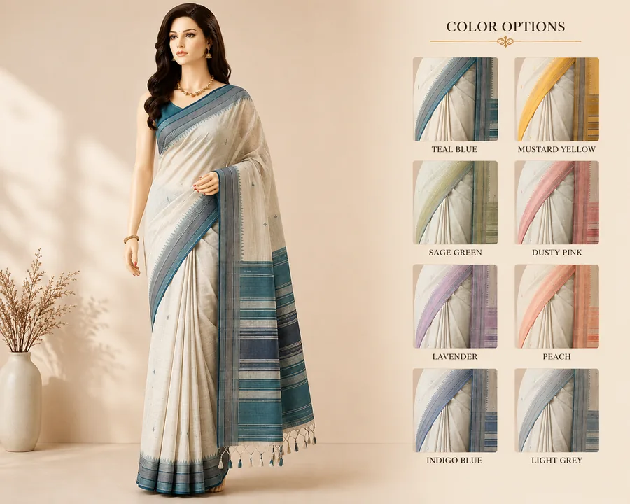 Handloom cotton saree draped on a studio mannequin