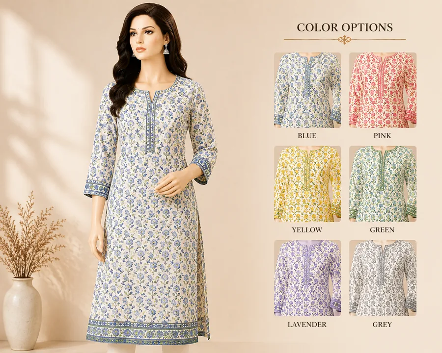 Printed cotton kurti presented on a boutique mannequin