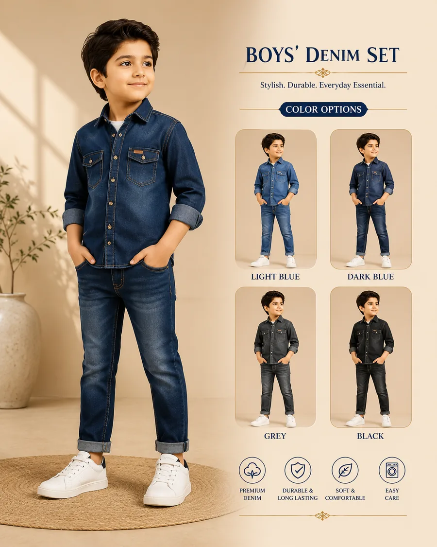 Boys' denim outfit set presented on a child mannequin