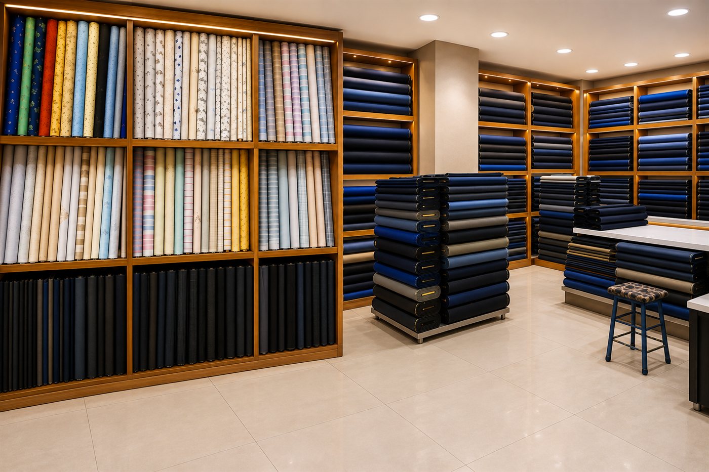 The gents' dress material section — wall-to-wall wooden shelves of shirting rolls, folded suiting lengths and a cutting counter