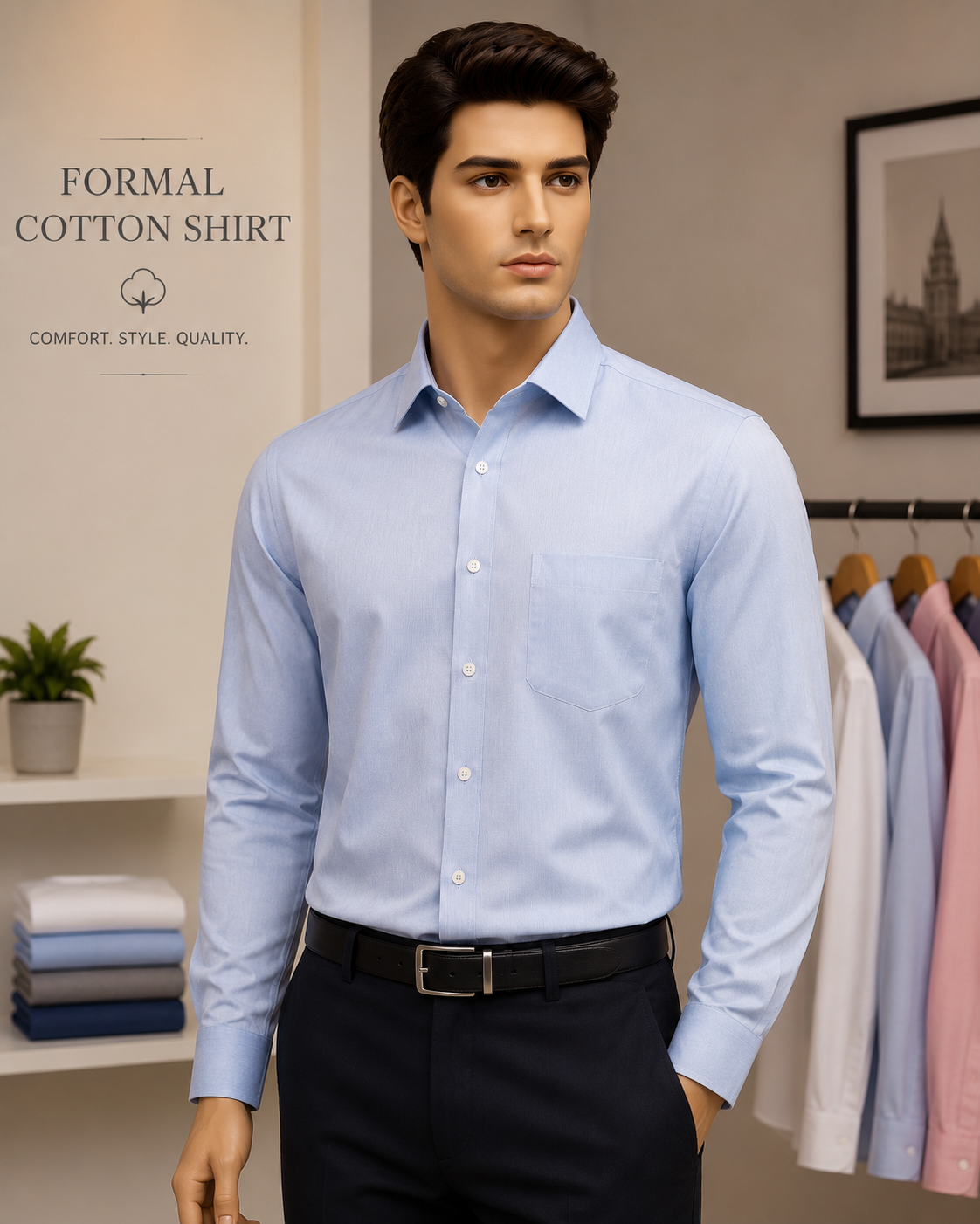 Formal Cotton Shirt worn by a model in the Cotton India showroom