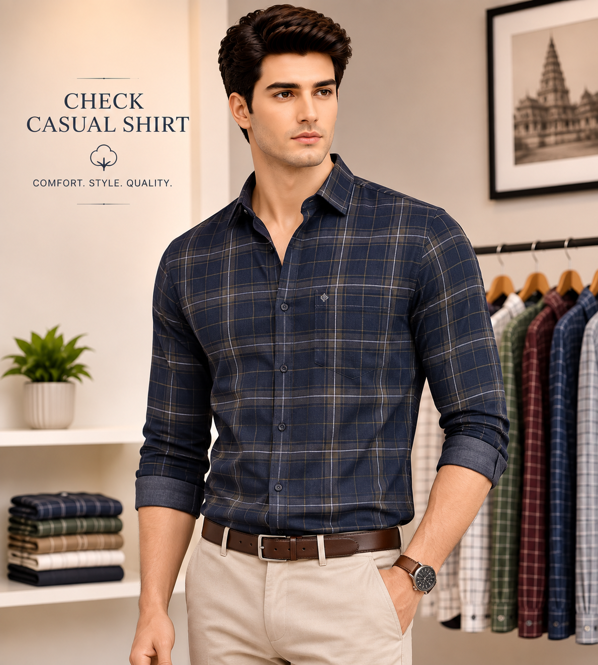 Check Casual Shirt worn by a model in the Cotton India showroom