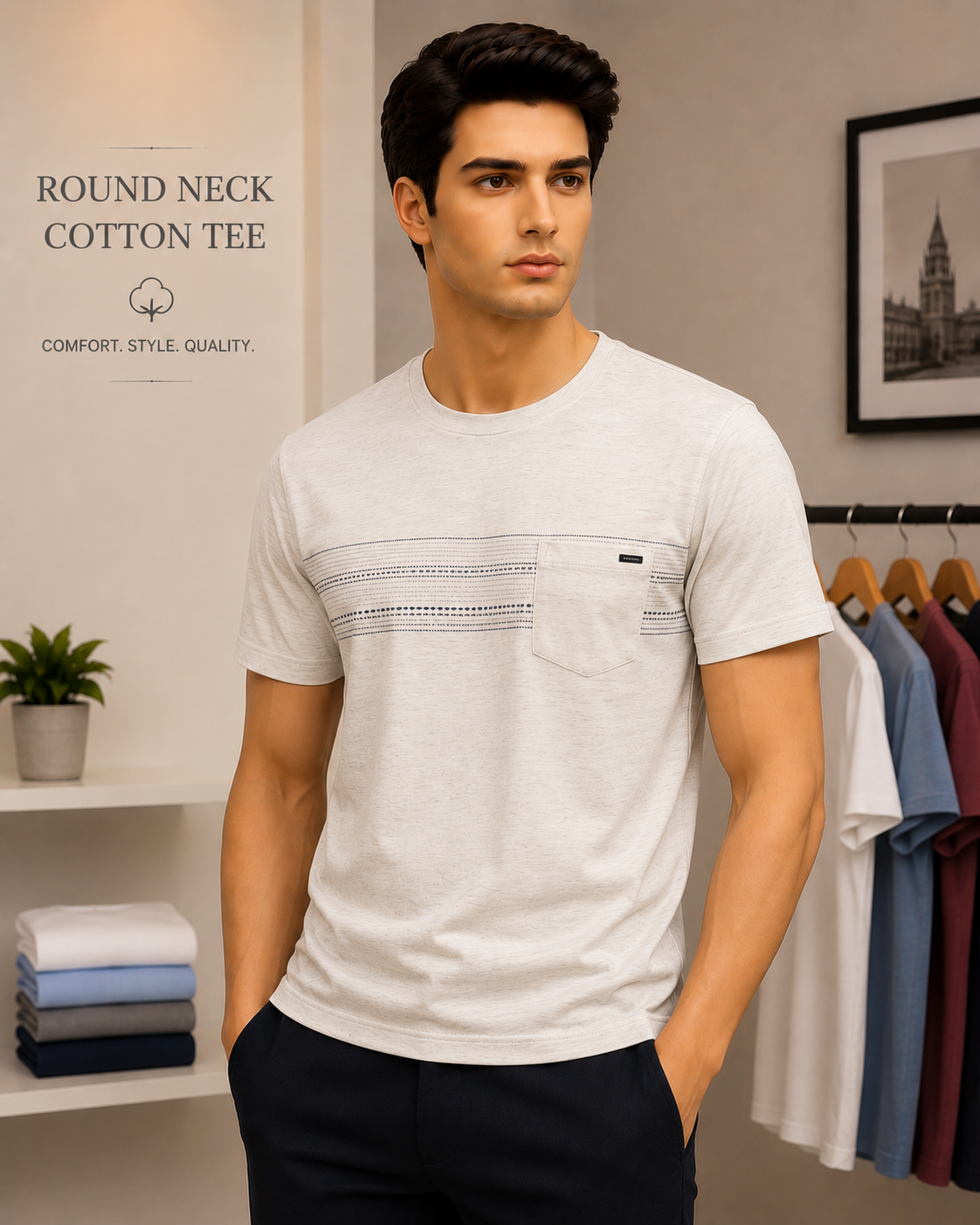 Round Neck Cotton Tee worn by a model in the Cotton India showroom