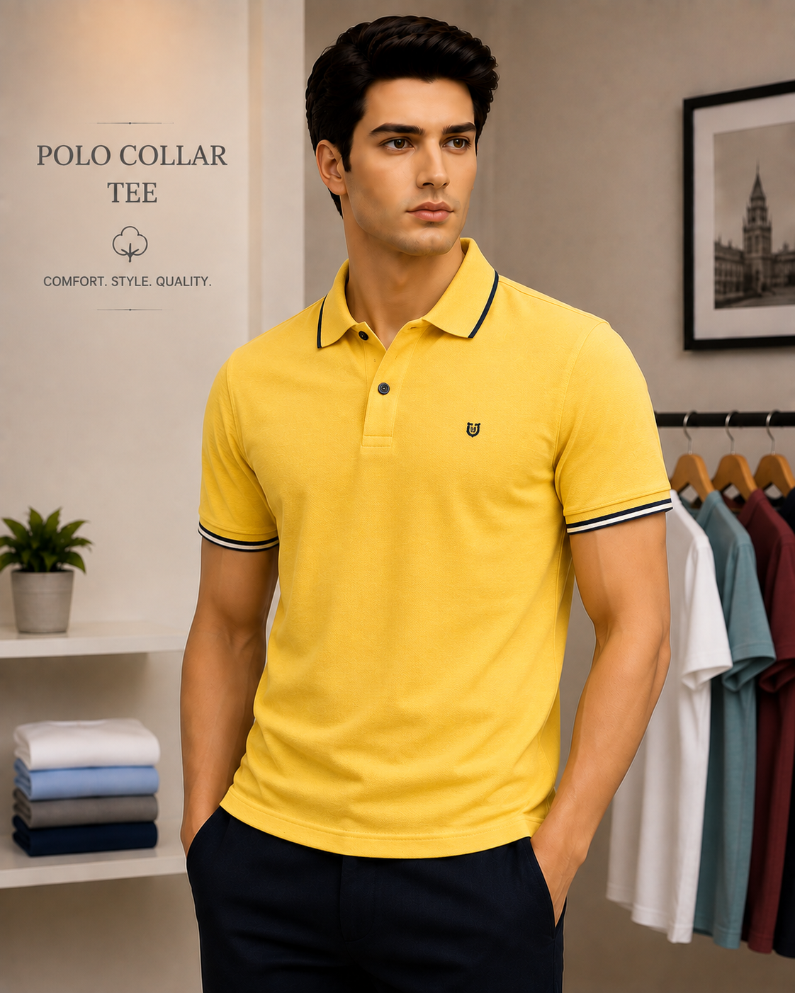 Polo Collar Tee worn by a model in the Cotton India showroom