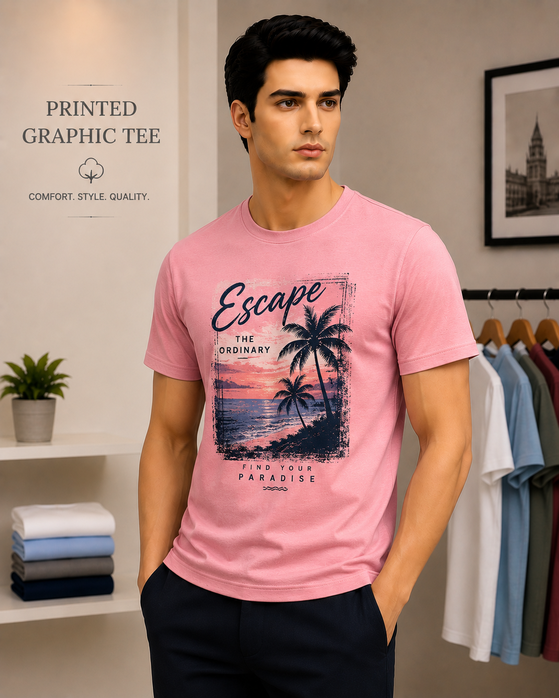 Printed Graphic Tee worn by a model in the Cotton India showroom