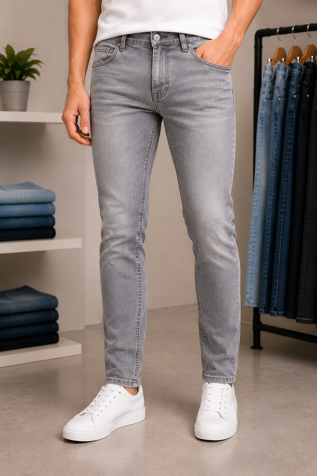 Slim Stretch Jeans worn by a model in the Cotton India showroom