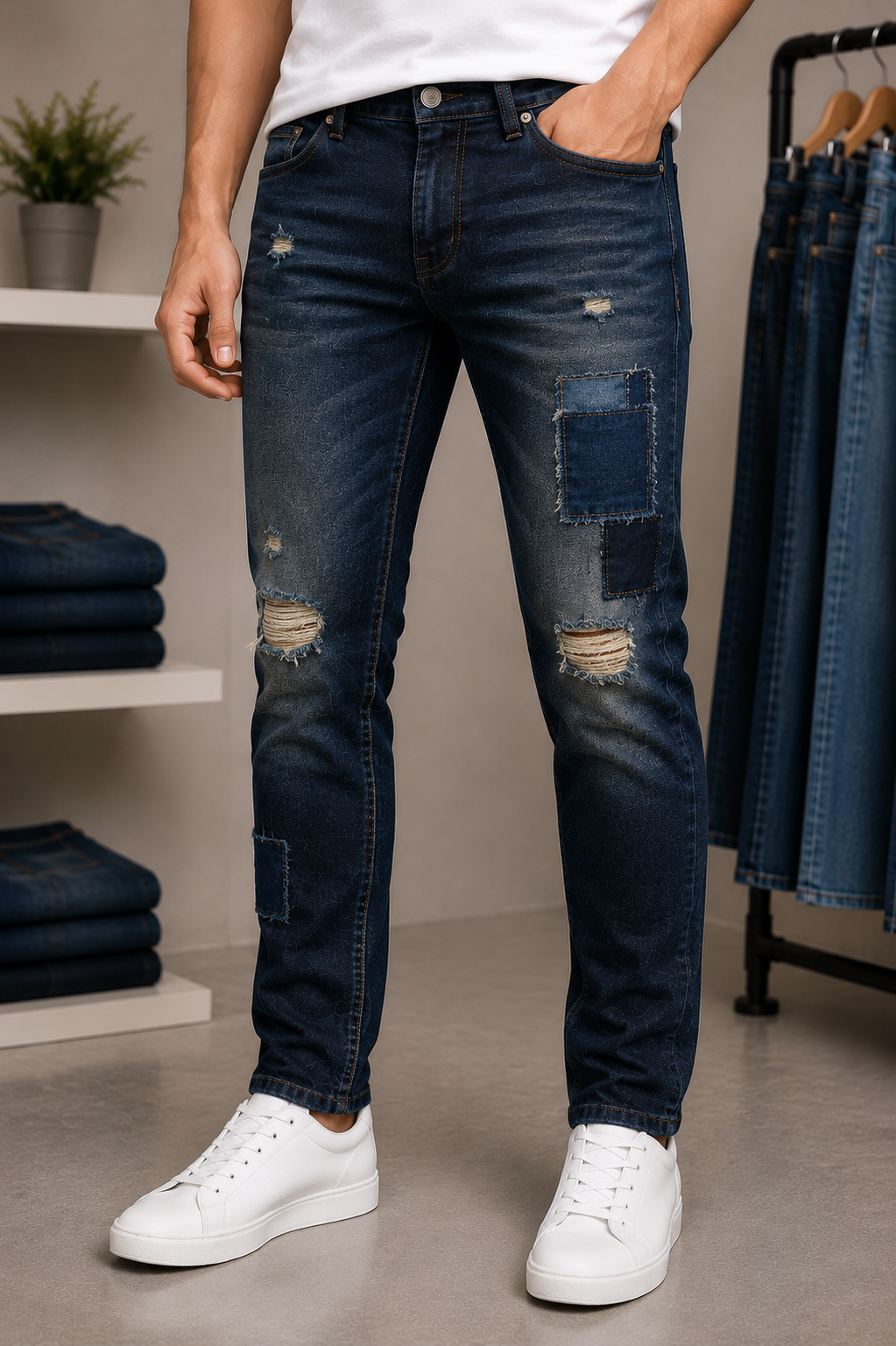 Rugged Dark Denim worn by a model in the Cotton India showroom