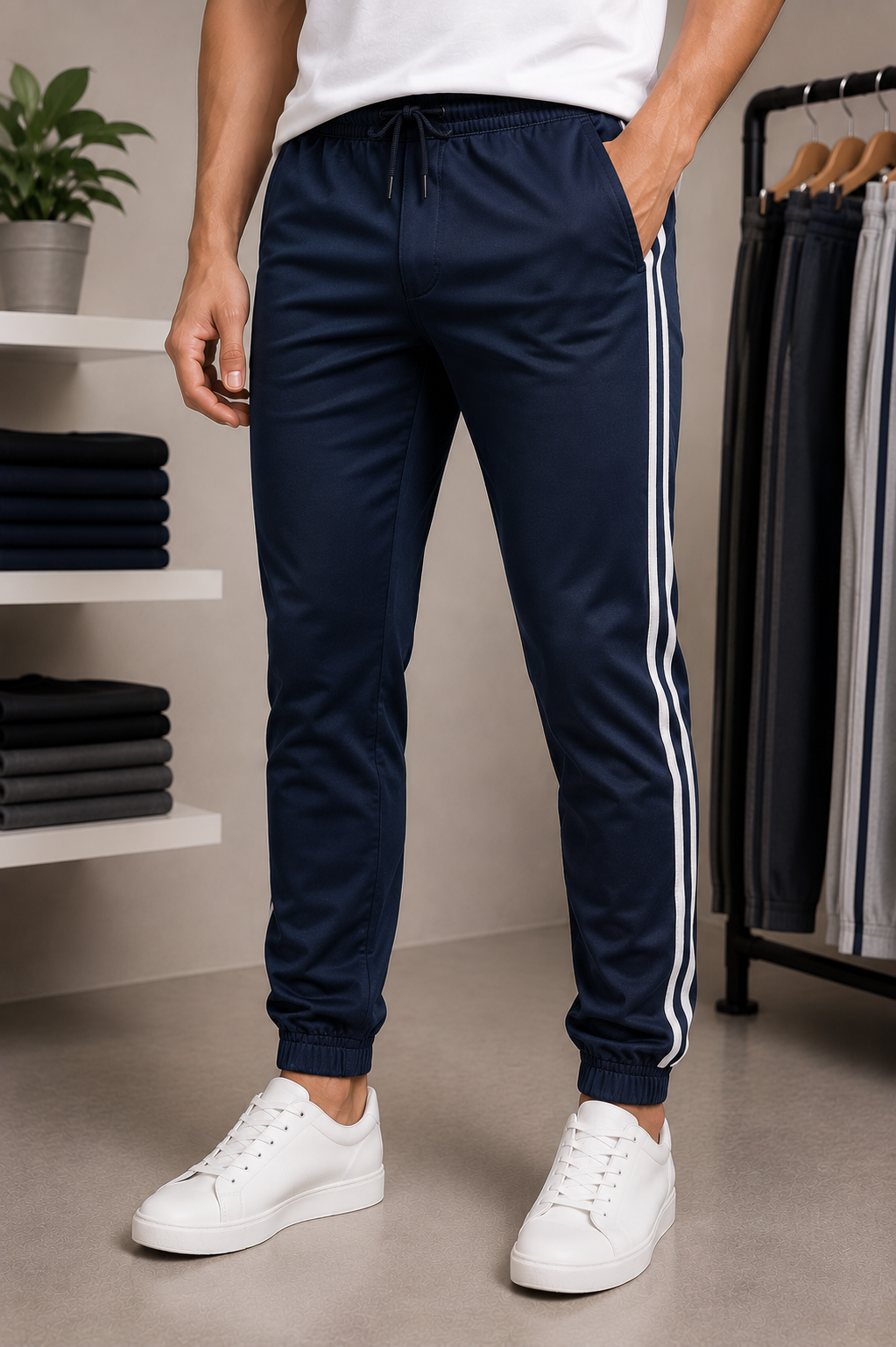 Side-Stripe Track Pant worn by a model in the Cotton India showroom