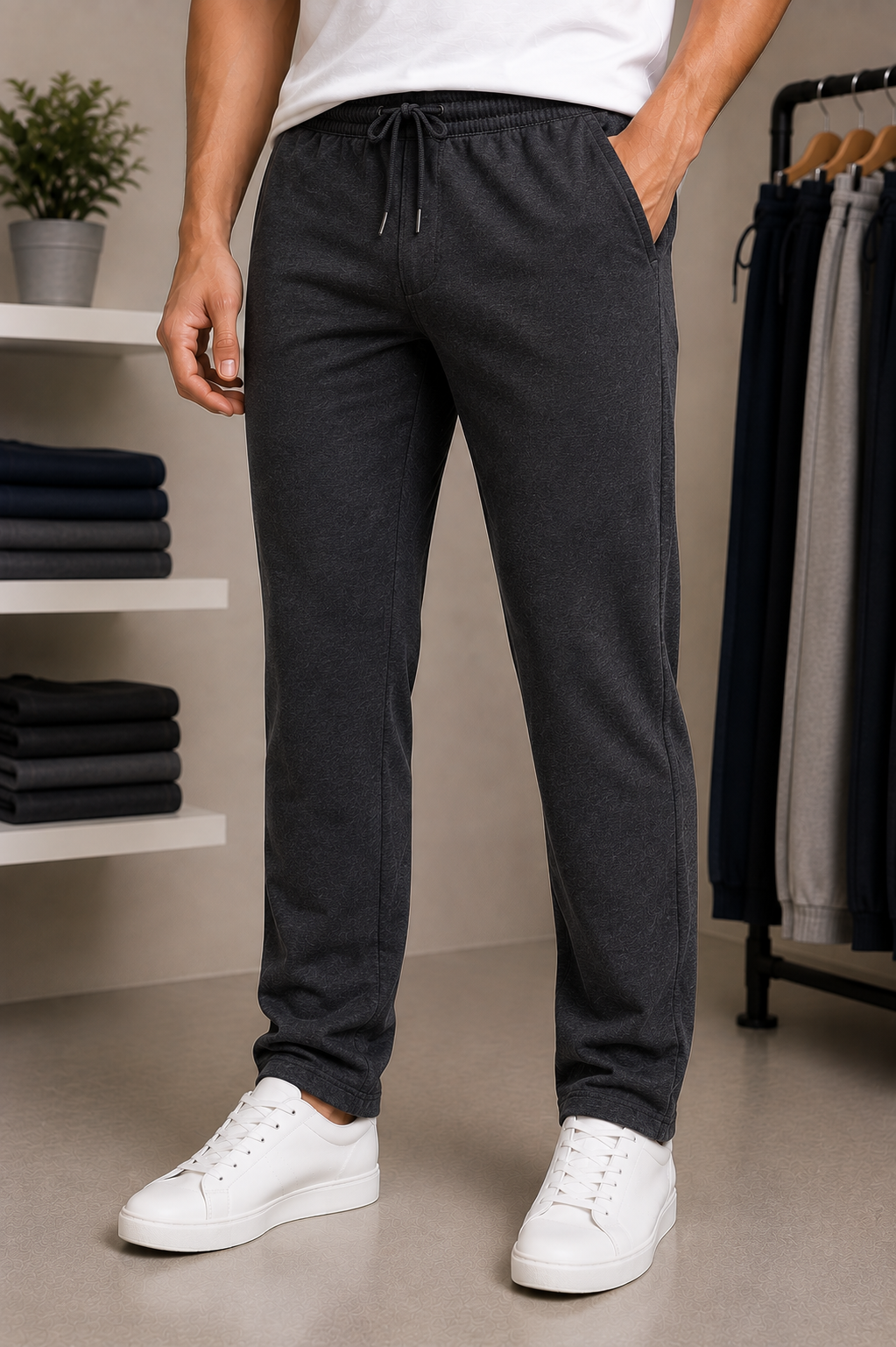 Lounge Track Pant worn by a model in the Cotton India showroom