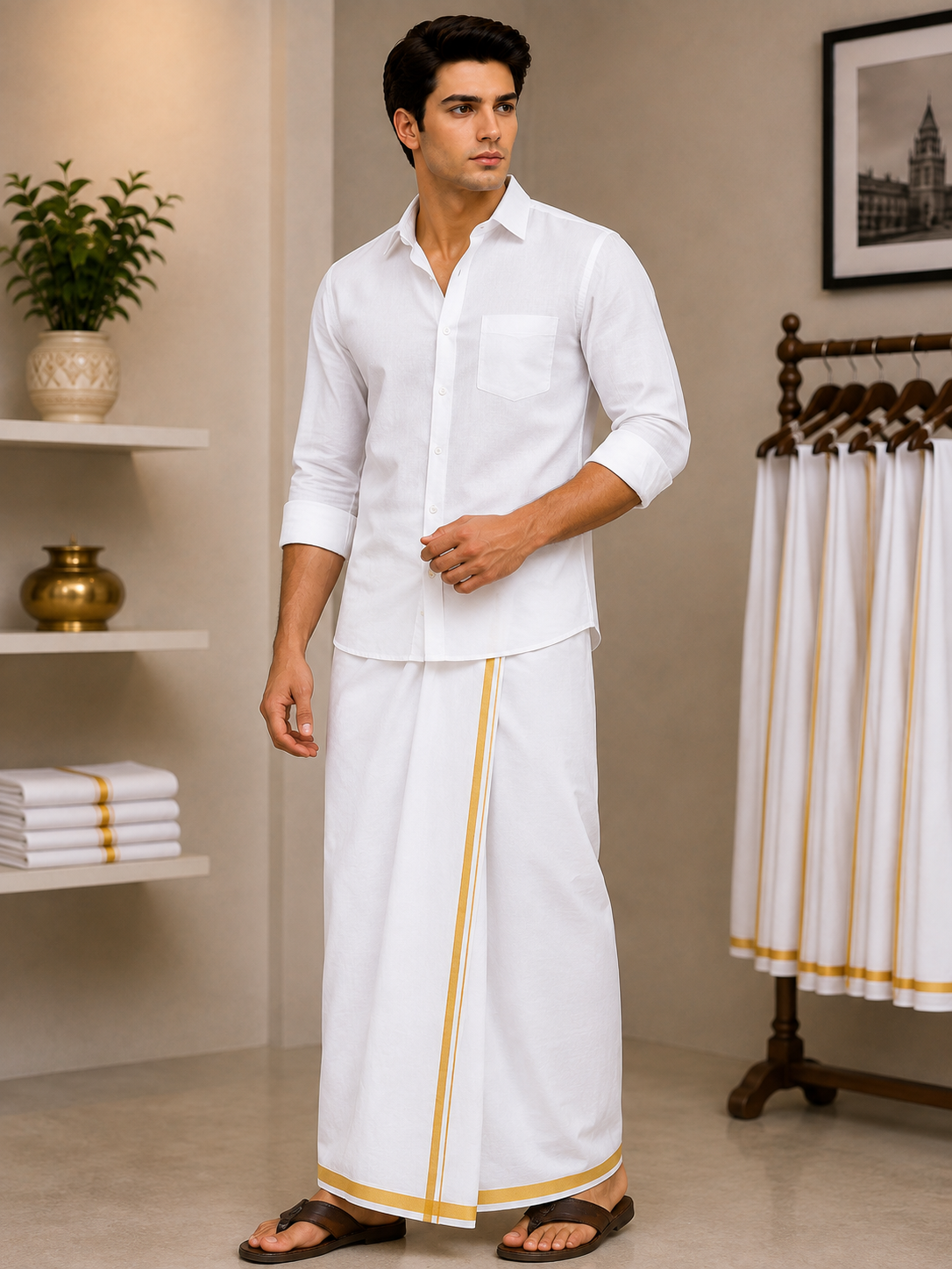 White Cotton Vesti worn by a model in the Cotton India showroom