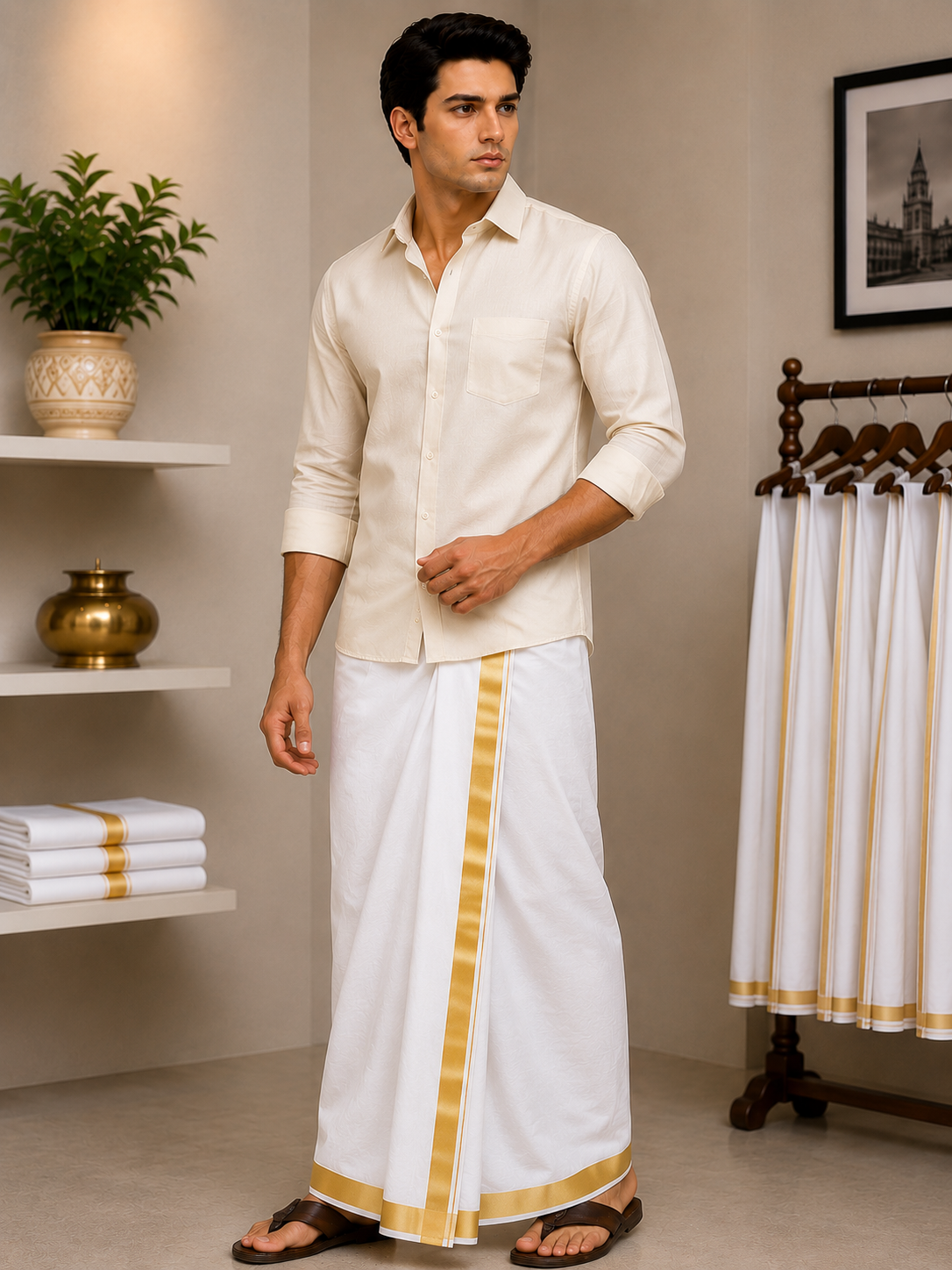 Gold Border Dhoti worn by a model in the Cotton India showroom