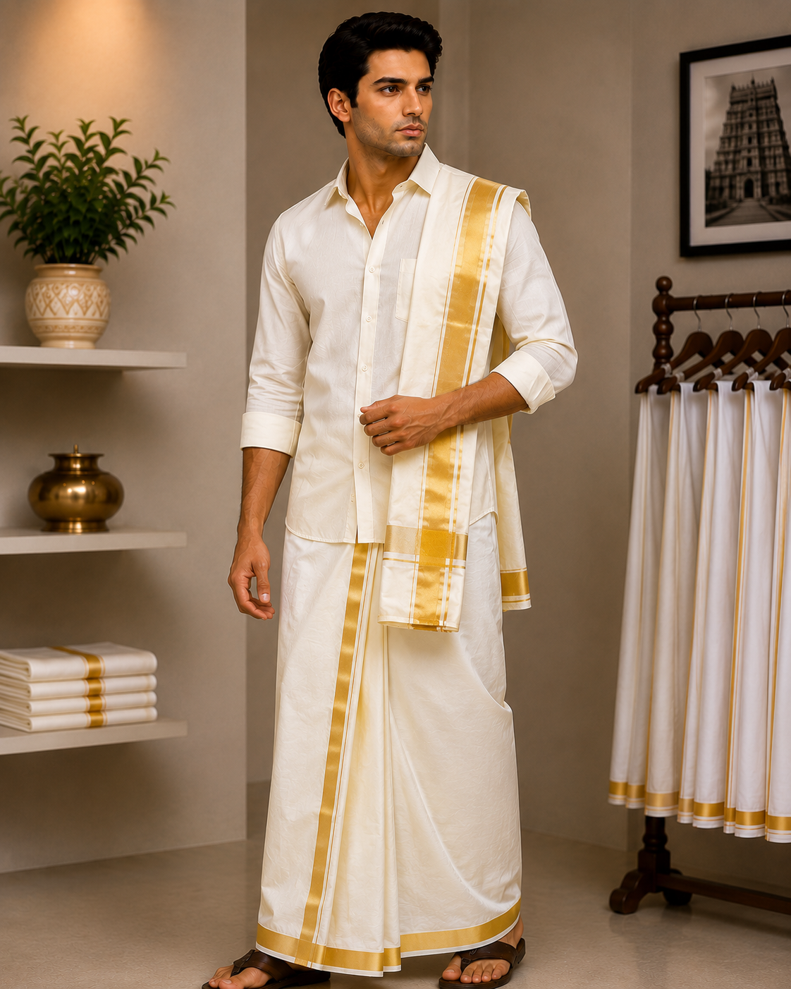 Silk Dhoti & Angavastram worn by a model in the Cotton India showroom