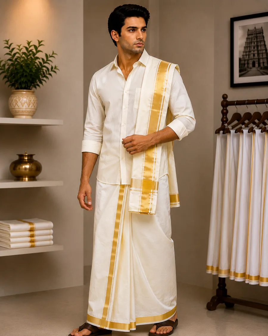 Silk Dhoti & Angavastram worn by a model in the Cotton India showroom