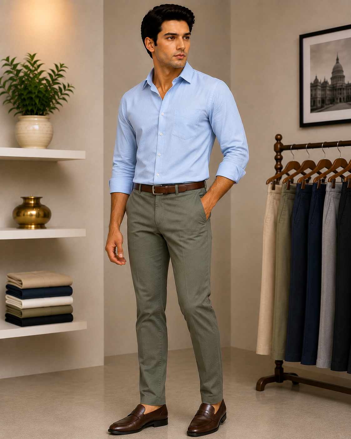 Cotton Chinos worn by a model in the Cotton India showroom