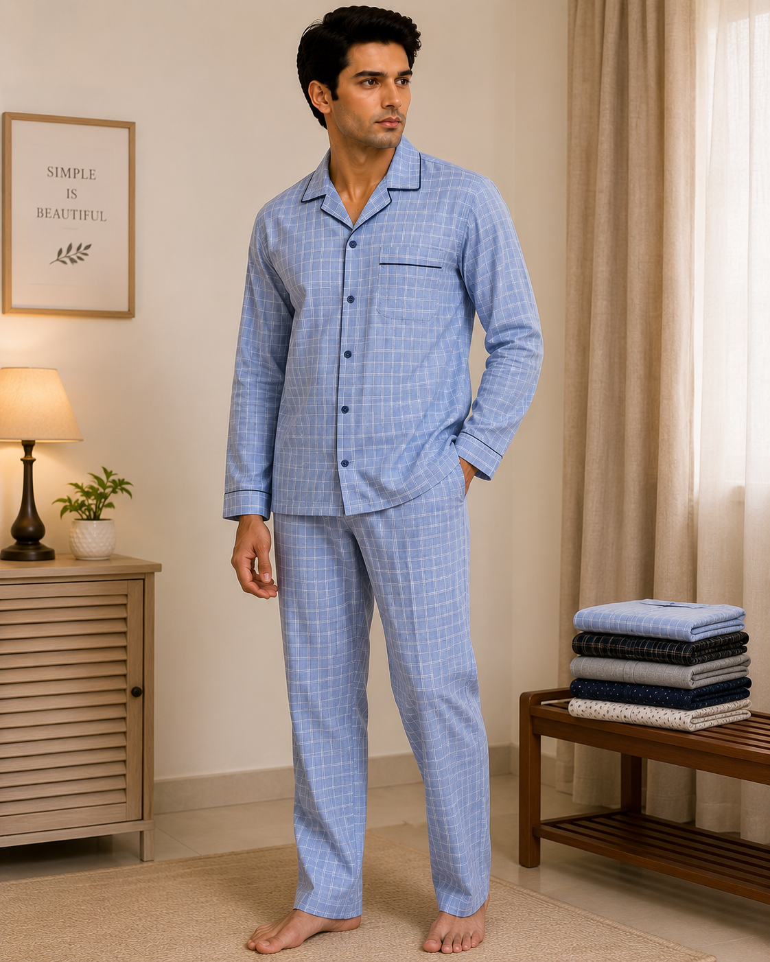 Cotton Night Pyjama worn by a model in the Cotton India showroom