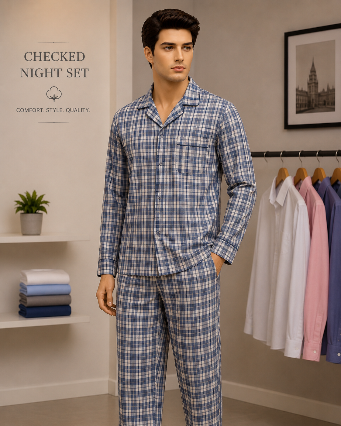 Checked Night Set worn by a model in the Cotton India showroom