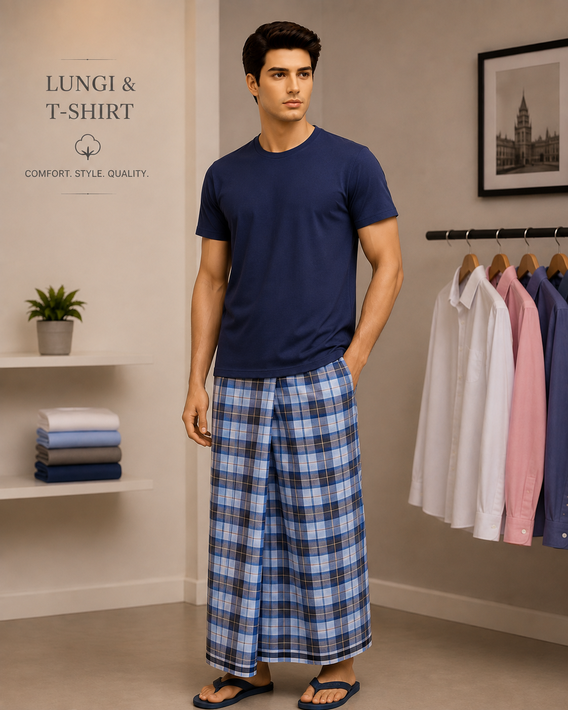 Lungi & Kaili worn by a model in the Cotton India showroom
