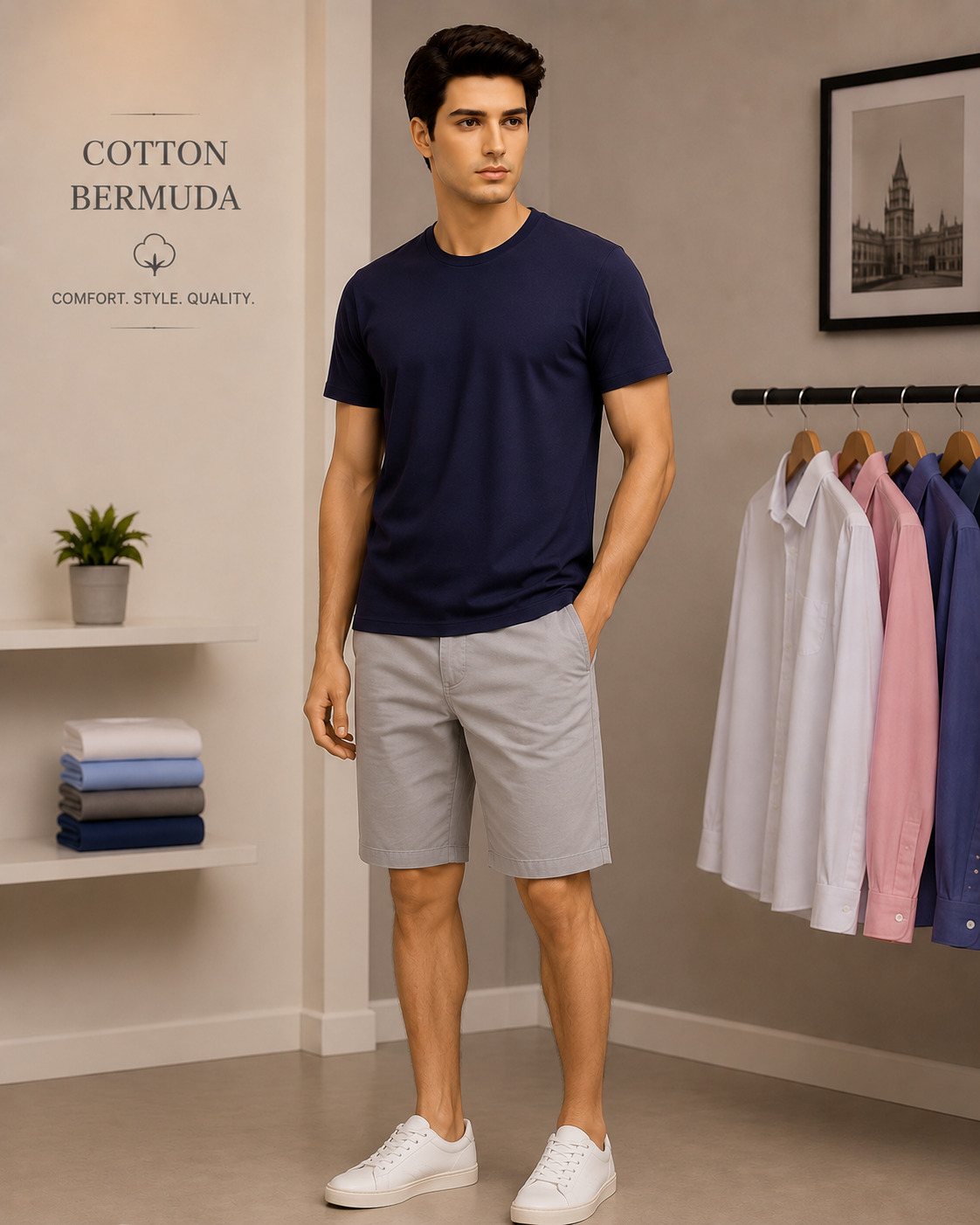 Cotton Bermuda worn by a model in the Cotton India showroom