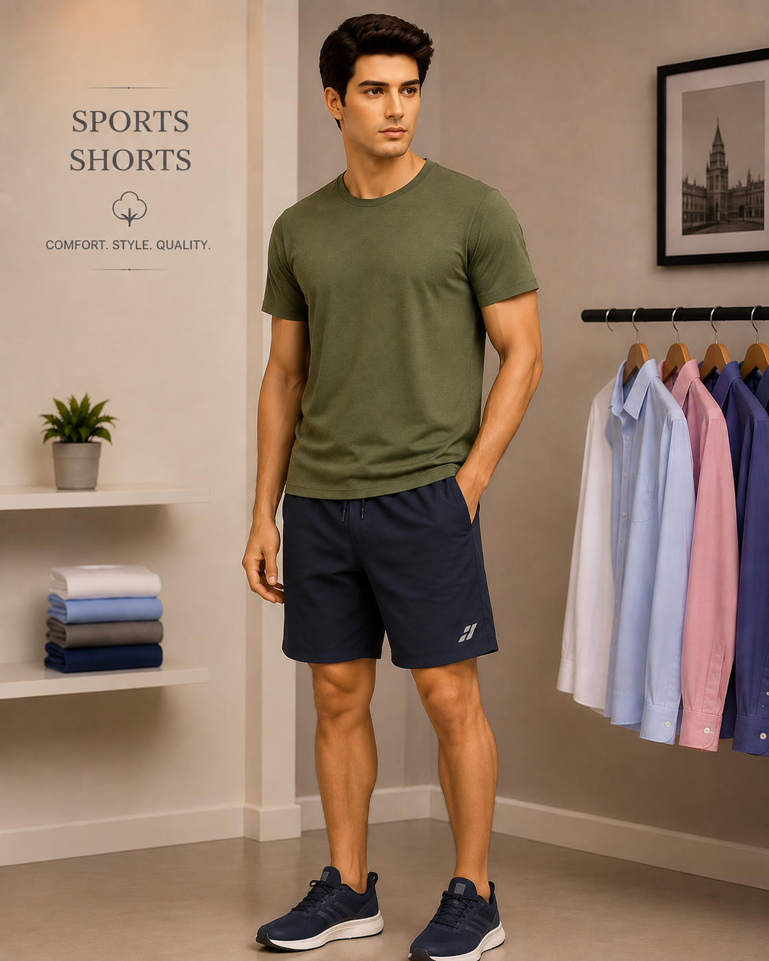 Sports Shorts worn by a model in the Cotton India showroom