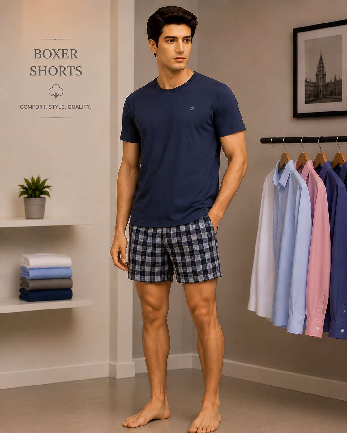 Boxer Shorts worn by a model in the Cotton India showroom