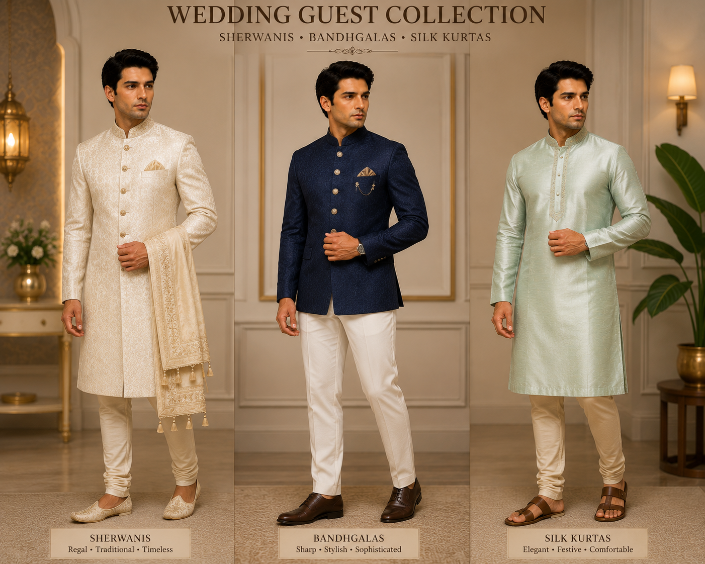 Wedding guest looks side by side — an ivory sherwani, a navy bandhgala and a pistachio silk kurta