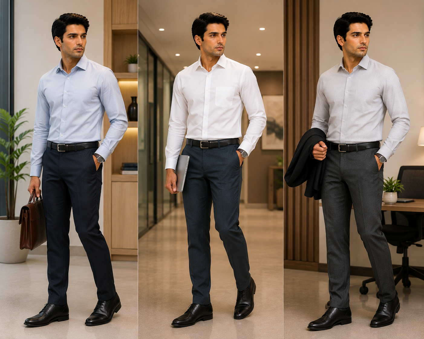 Three office looks — a blue formal shirt with navy trousers, a white shirt with charcoal trousers, and a check shirt with grey trousers