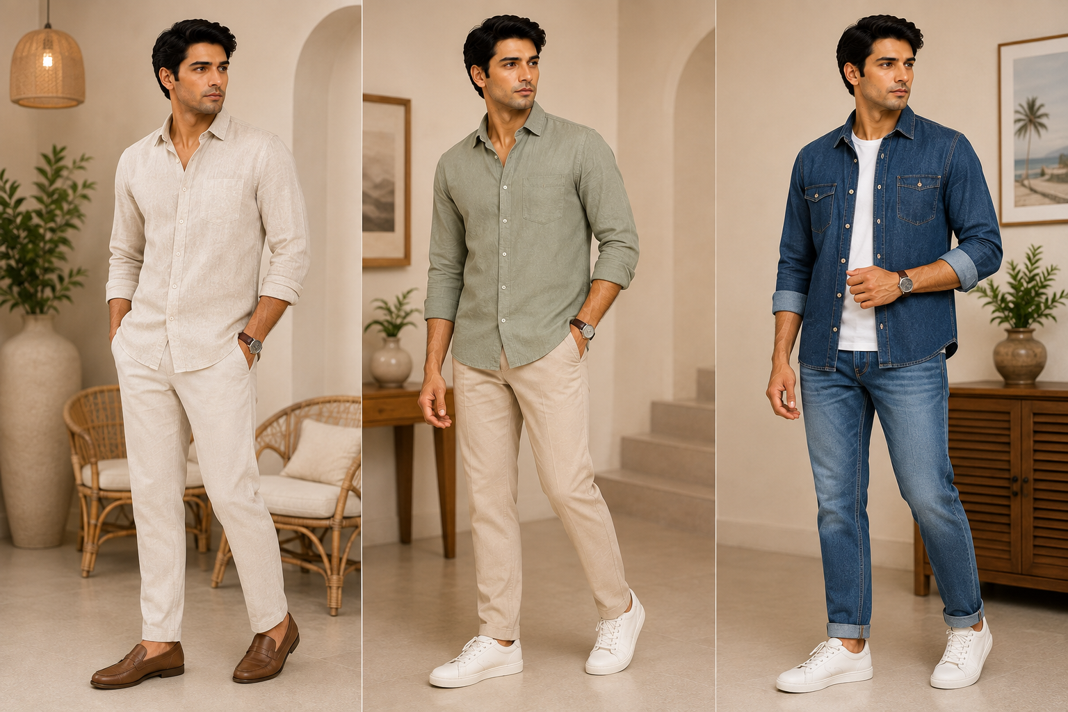 Three weekend looks — a beige linen set, an olive shirt with chinos, and a denim shirt with jeans